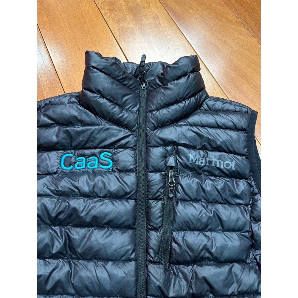 Marmot Womens Black Down Puffer Vest Embroidered CaaS Logo Size S P - Picture 2 of 10